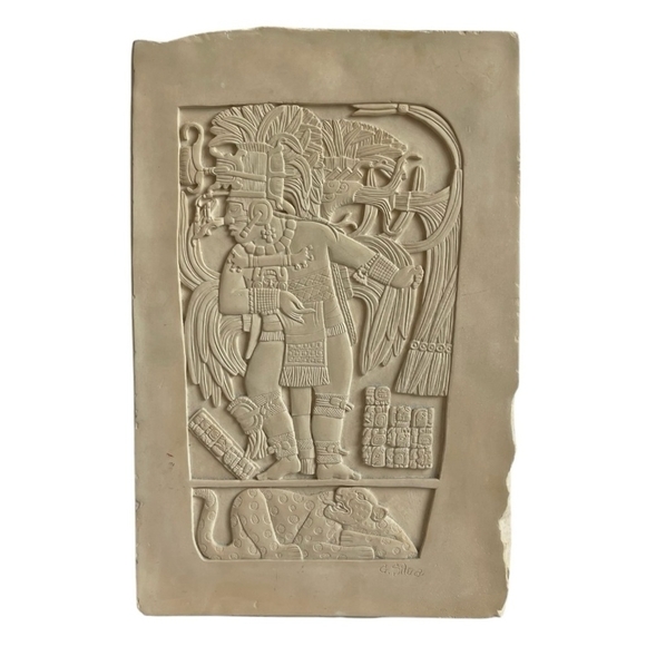 Carved Limestone Mayan Bas-Relief Panel By Artist GILBERTO SILVA RIVERA Plaque - Picture 3 of 7